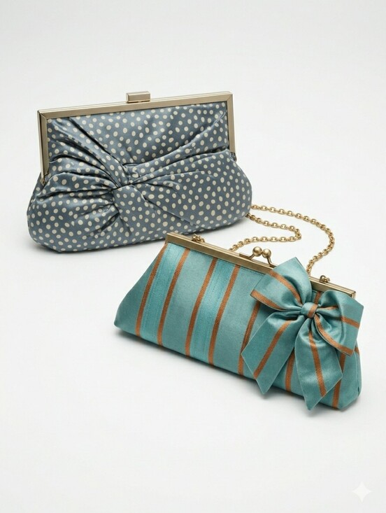 Vintage Handbags - Vintage 90s Satin Clutch Set Polka Dot & Striped Bow Evening Bags Blue Teal Copp